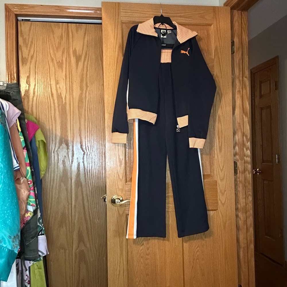 Vintage Puma Women's Black Jogger Set with Orange Accents